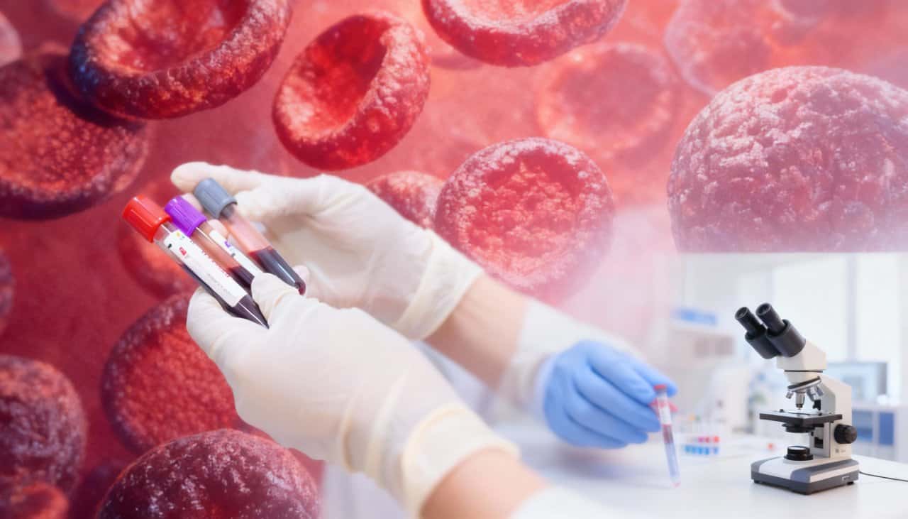 Blood analysis under microscope in laboratory